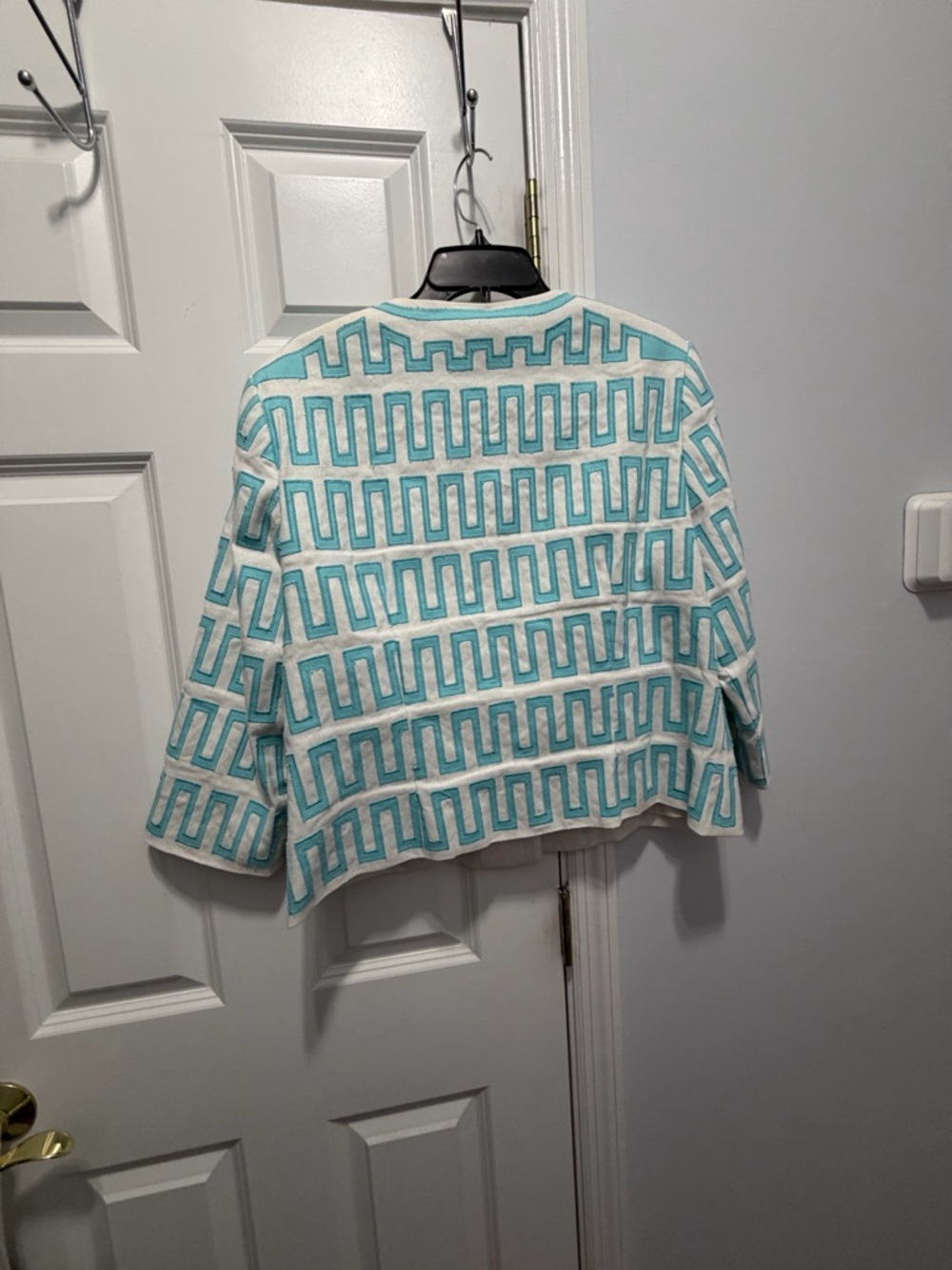White and Teal Pattern linen cotton blend Jacket size 16 - Picture 5 of 8
